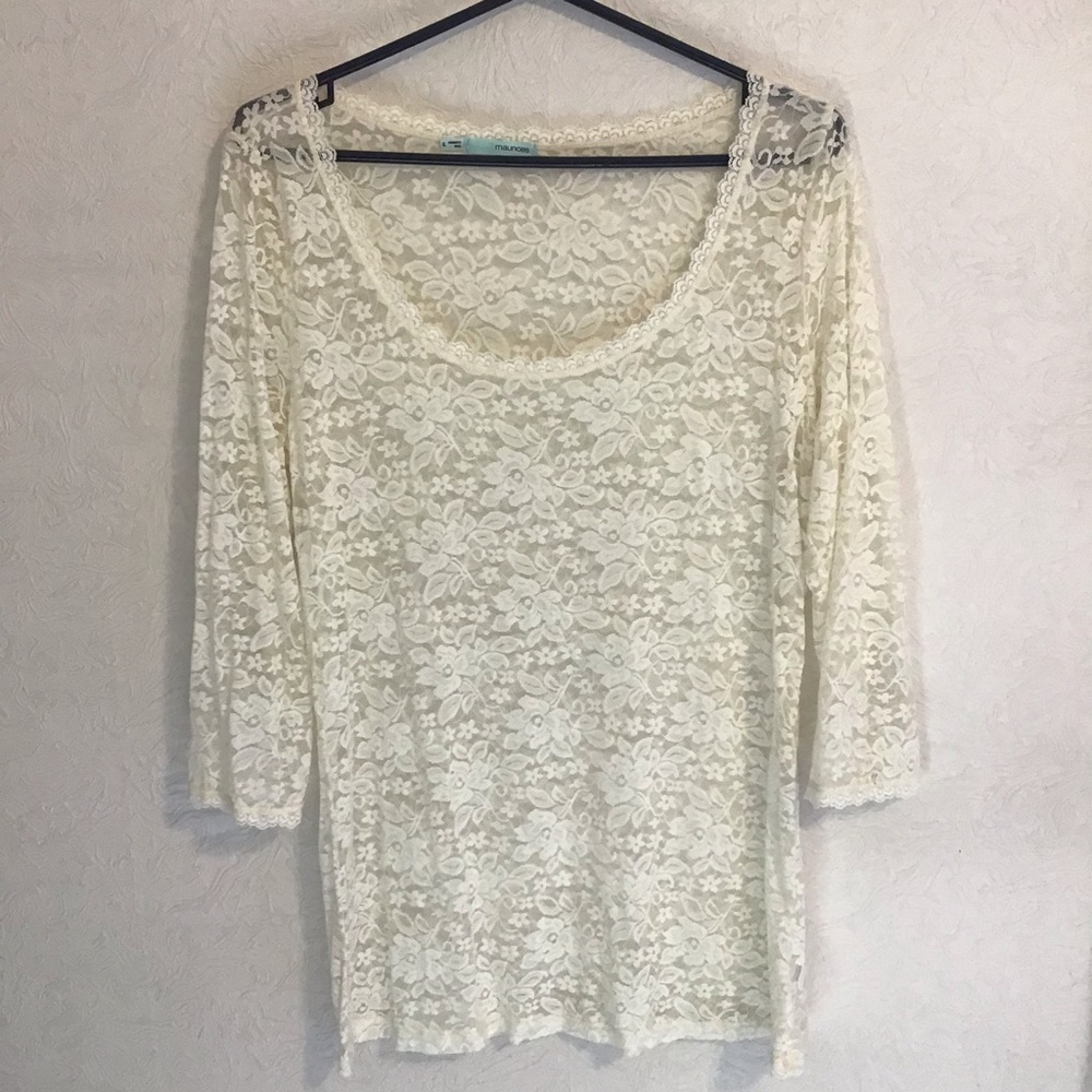 Maurices Sheer Cream Lace 3/4 Sleeve Top XL